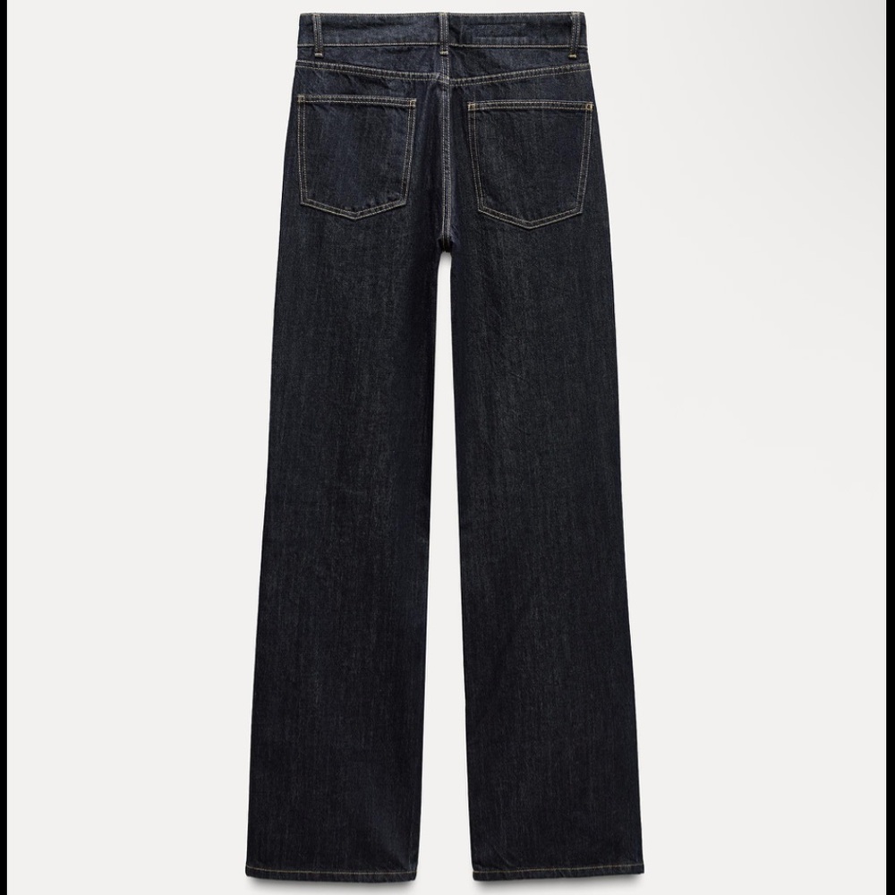 Zara Mid-Rise Wide Leg Cargo Jeans - Dark Wash/Brown Stitching